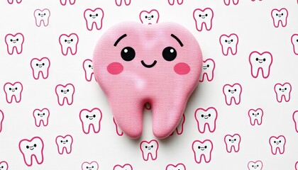Tooth mascot toy. Cute pink plush tooth character with happy kawaii face on white background with cartoon tooth pattern.