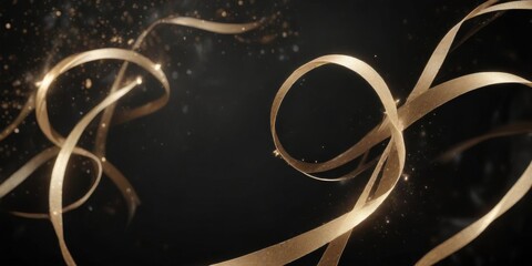 Elegant swirl ribbons and stars on black background with a subtle sparkle effect,  dark background,  holly leaves,  winter wonderland