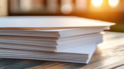 Neatly stacked sheets of paper gleam under warm sunlight, highlighting their crisp edges and smooth texture on a wooden surface.