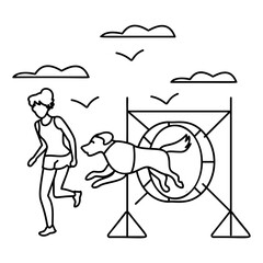 behavior counselors Giving Specialized training to Doggy outline concept,  dog sports vector icon design, Pet foster and hotel Symbol, kennel animals Sign, Human-animal interaction scene illustration