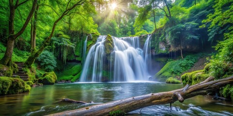 Cascading Waterfall Amidst Lush Greenery Surrounding Large Fallen Tree , foliage, scenery,  foliage, scenery, serenity, natural