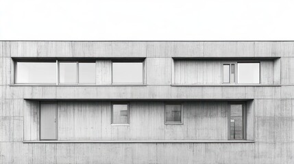 Modern concrete building facade with windows and doors.