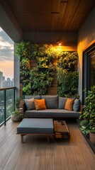 Modern Balcony Design Featuring Vertical Garden Walls and Cozy Seating in Evening Light. Generative AI