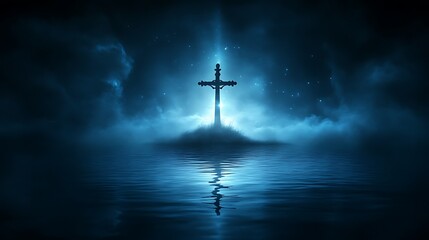 Naklejka premium Silhouetted Cross Stands in Nighttime Water