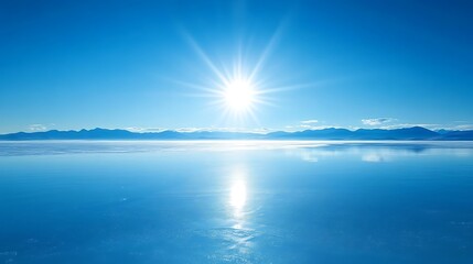 Obraz premium A clear blue sky with the sun reflecting off a frozen lake.