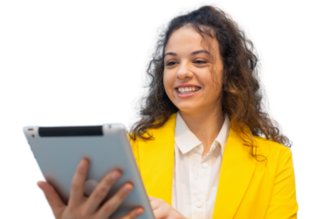 Smiling businesswoman using tablet with transparent background