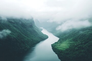 Misty River Winding Through a Lush Green Valley