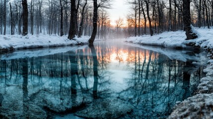 Serene Winter River at Sunrise  Snow  Trees  Reflection  Tranquil Nature Scene