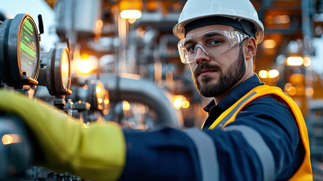 Engineer monitoring pressure gauges oil refinery, wearing safety gear and focused work. environment is industrial and