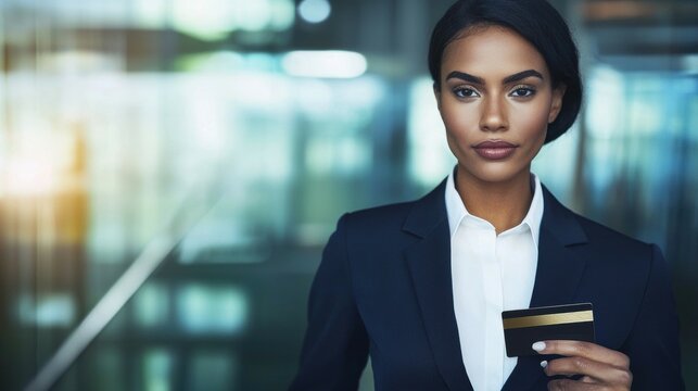 a confident businesswoman in a tailored dark blue suit, standing with an assertive posture and looking directly into the camera. She holds a sleek credit card in one hand