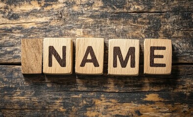 Fototapeta premium An artistic representation of the word name on a rustic wooden block.