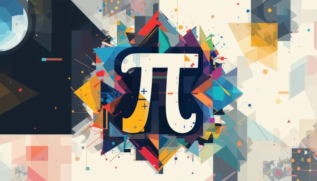 A colorful and modern design of the &pi; symbol surrounded by abstract shapes and patterns, perfect for creative projects and mathematics-themed promotions.