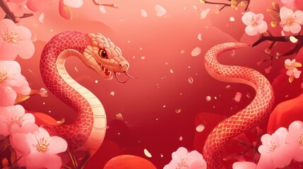 Obraz premium Crimson Serpent Among Cherry Blossoms: A Digital Painting of a Red Snake Coiled Amidst Delicate Pink Flowers, Evoking Springtime and the Lunar New Year