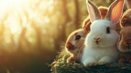 Adorable Easter Bunnies in Sunset Forest  Spring Wildlife