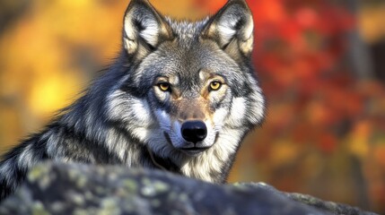 Obraz premium Gray wolf portrait in autumn foliage.