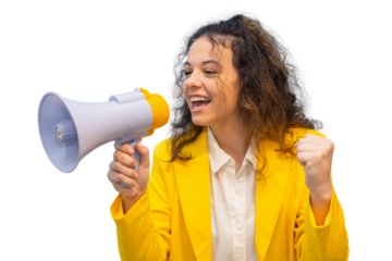 Young activist shouting with megaphone on transparent background