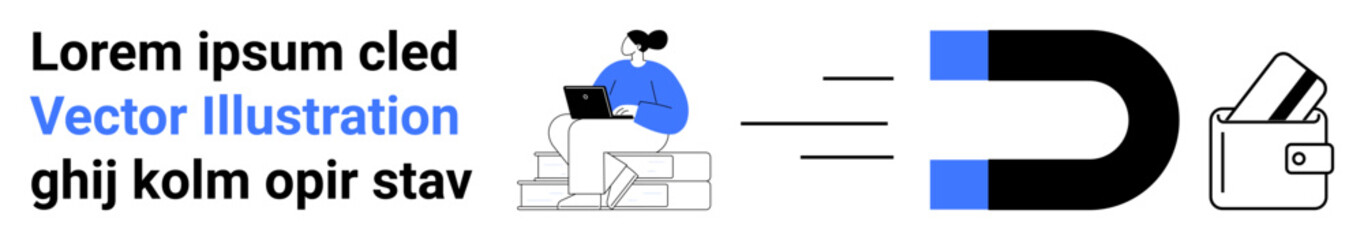 Individual using laptop while wallet is attracted by a magnet, signifying online attraction and conversion. Ideal for digital marketing, online shopping, customer engagement, e-commerce, lead