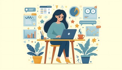 Person working remotely on a laptop with coffee and productivity charts floating around flat design illustration