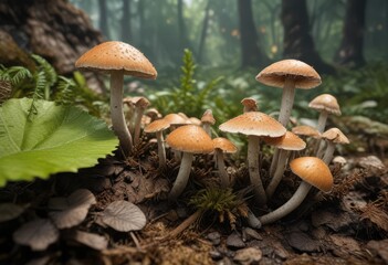 A collection of mushrooms growing from a decaying leaf ,  fungus,  mushroom,  earthy