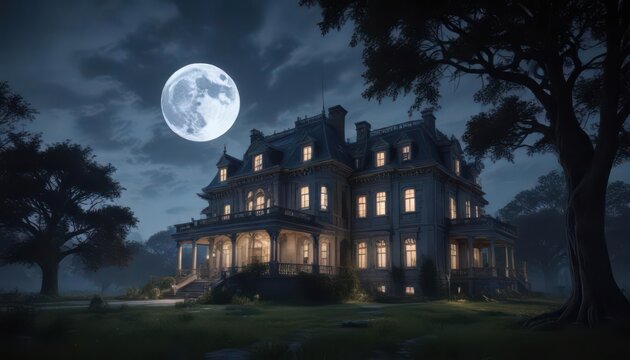 A creepy mansion at dusk with overgrown trees and a full moon hanging low in the sky,  creepy mansion,  foggy night,  old house