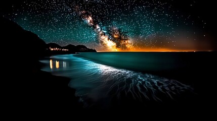 Milky Way Galaxy Over Ocean Beach Night Sky Starscape
