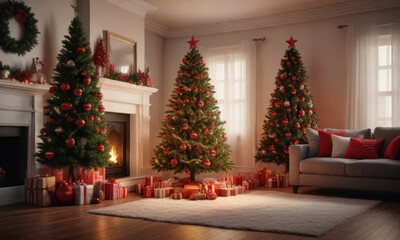 A festive Christmas tree surrounded by red ornaments and lights in a cozy living room, room, fireplace, stockings