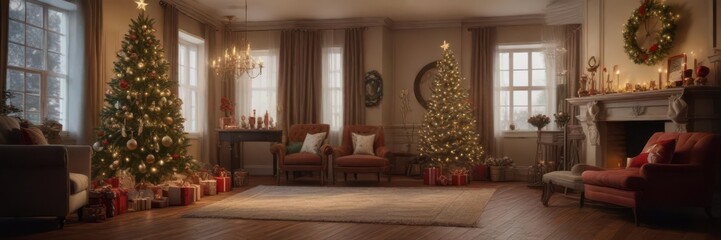A festive room with Christmas decorations and a New Year's Eve countdown, countdowns,  party,  decorations