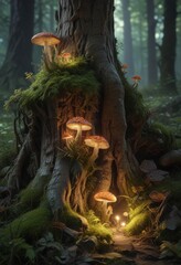 Moss-covered tree trunk with glowing mushrooms,  vines,  glowing