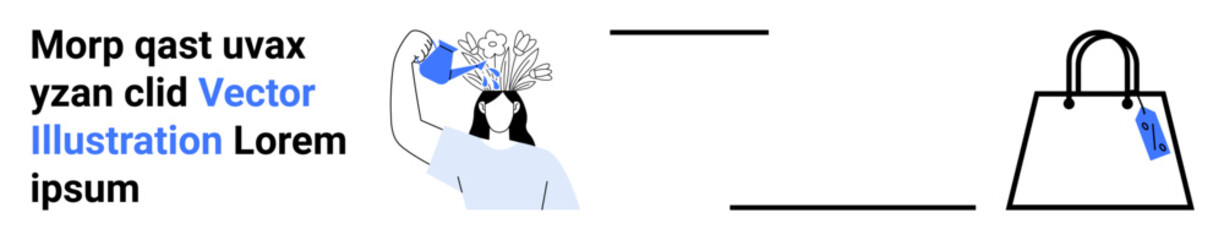 Woman pours creativity from watering can over her head while ideas sprout, paired with a handbag on the right. Ideal for e-commerce, fashion, retail branding, creative workshops, shopping concepts