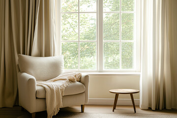 minimalist interior with a beige armchair and wooden side table with stacked books by a large window. cozy reading nook