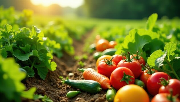 Abundant organic vegetables harvested in a sun-drenched field , fresh, sunlight, eco