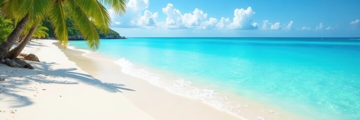 Obraz premium Azure water laps white sand beach, summer sun shines , sandcastle, sky