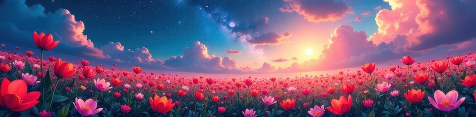 Fototapeta premium Celestial flower field, vibrant hues, atmospheric perspective, pastel shades, beautiful, background
