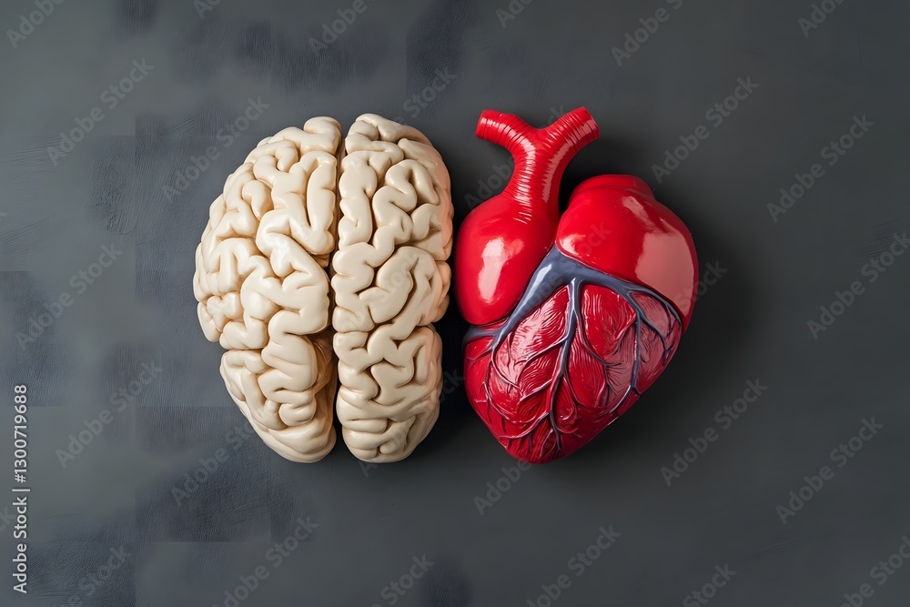 Poster striking editorial representation of reason and emotion interplay through brain and heart anatomy