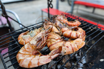 River prawn big shrimp grilled on fire smoke
