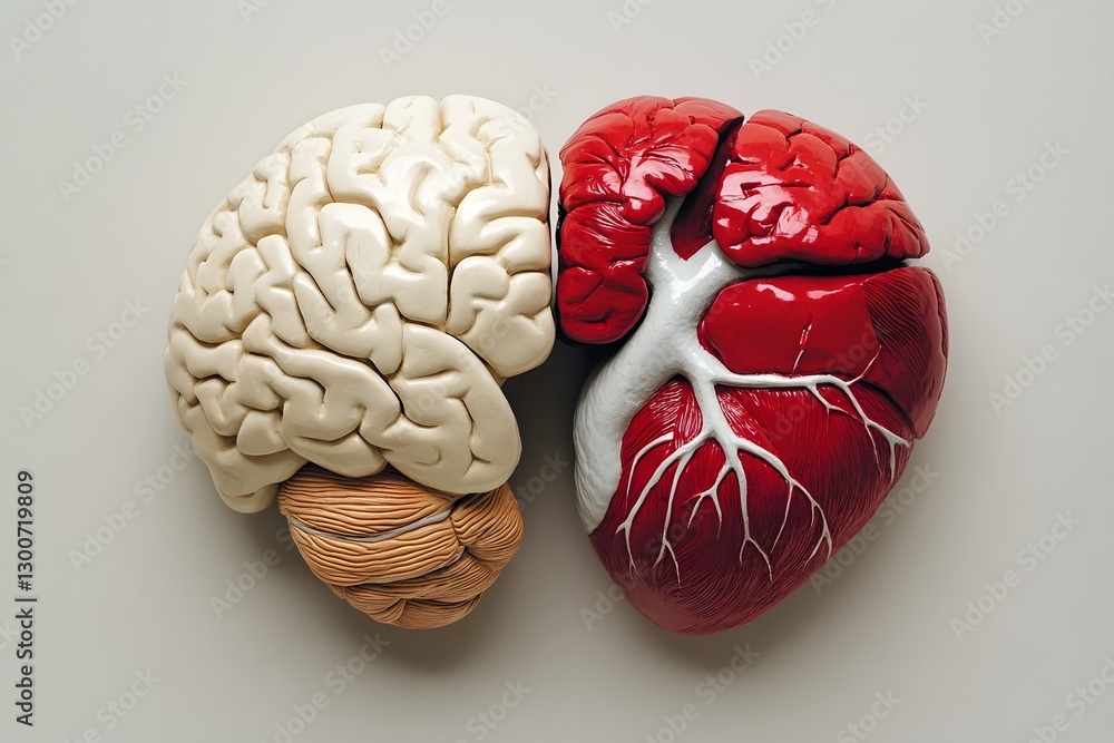 Poster striking visual representation of reason and emotion through brain and heart anatomy