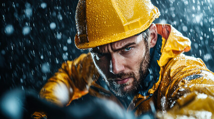 Rugged construction worker in yellow raincoat and hard hat, focused in rain