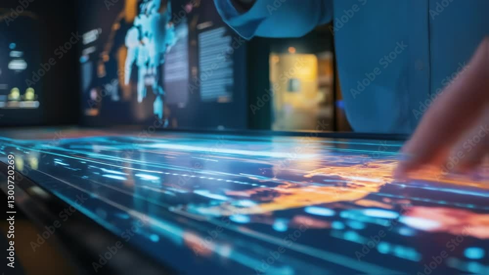 Poster interactive touchscreen displaying global map data with network connections and data points, enhanci