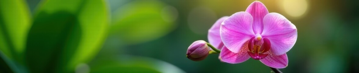 Fototapeta premium Delicate pink orchid, vibrant petals, lush green leaves, spring, wildlife, design