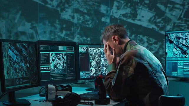 Military soldier operating advanced technology in a command center.