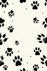 Fototapeta premium Black doodle paw print seamless background with minimalistic aesthetic, pet, animal footprints