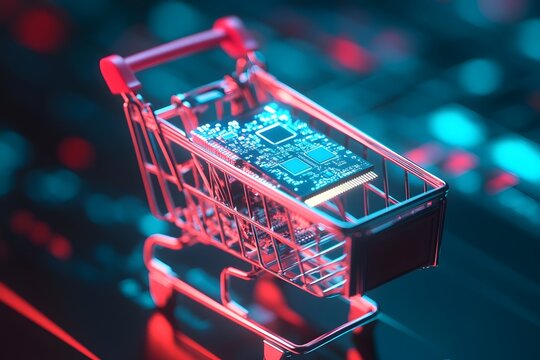 Stylish Shopping Cart with Gleaming Computer Chips in Futuristic Lighting Cyberpunk Aesthetic