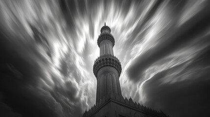 Obraz premium Abstract Black and White Photography of Hazrat Sultan Mosque’s Minaret, Showcasing its Towering Grandeur and Elegance