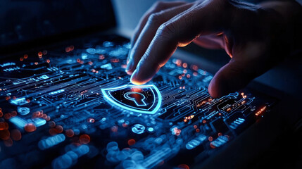 Naklejka premium modern cybersecurity concept featuring hand interacting with digital shield symbolizing protection and security