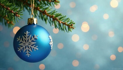 Blue hanging Christmas ornament with snowflake and pinecone elements in a wreath-like design, snowflake, pinecone