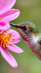 Fototapeta premium Closeup of a hummingbird eating pollen from a pretty flower, close-up. with white shades
