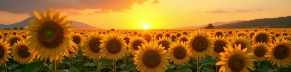 Obraz premium Endless rows of sunflowers, facing the rising sun, vibrant yellow , floral, high resolution