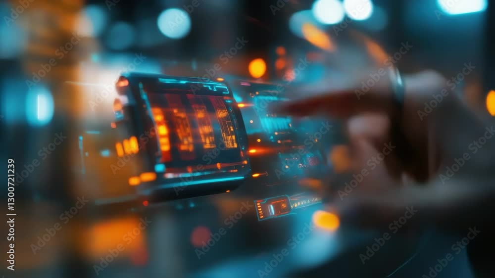 Poster hand interacting with a transparent smartphone displaying holographic data, surrounded by neon light
