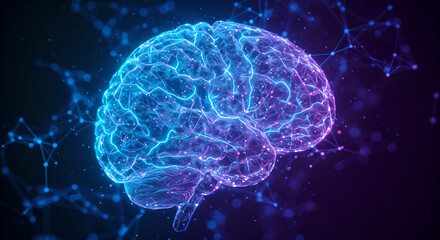Glowing blue digital brain with neural connections on dark purple background. Artificial intelligence and machine learning concept for medical, technology and science designs