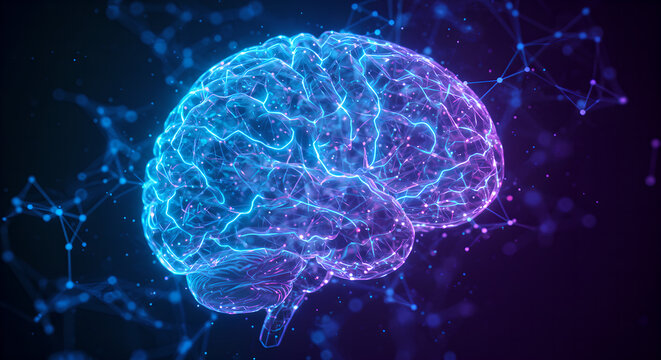 Glowing blue digital brain with neural connections on dark purple background. Artificial intelligence and machine learning concept for medical, technology and science designs